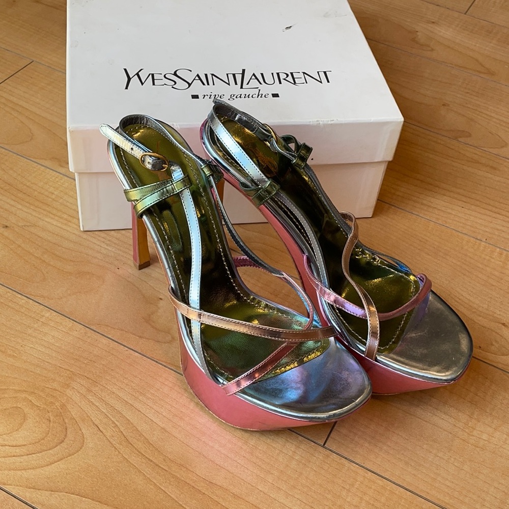 Yves Saint Laurent metallic platform heel.